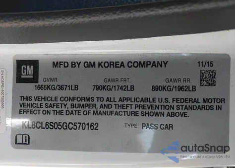 2016 Chevrolet Spark Ev 2Lt z USA, uszkodzony, nr VIN KL8CL6S05GC570162